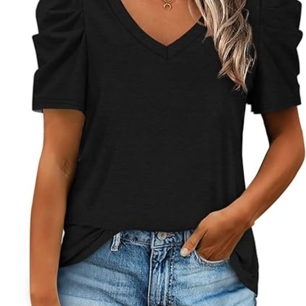 AMAZON Xierrduo Black V-Neck Casual T-shirt Puff Sleeve Top